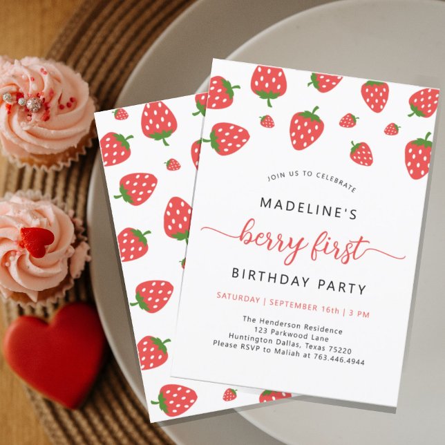 Minimalist Strawberry Berry 1st Birthday Party Invitation (Creator Uploaded)