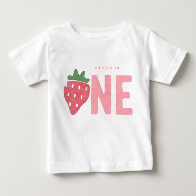 Minimalist Strawberry Berry First birthday Baby T-Shirt (Front)