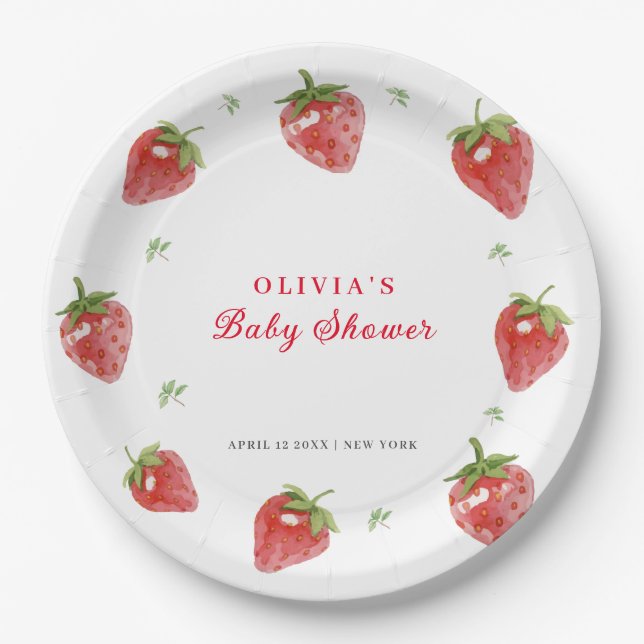 Minimalist Strawberry Sweet Girl Baby Shower Paper Plate (Front)