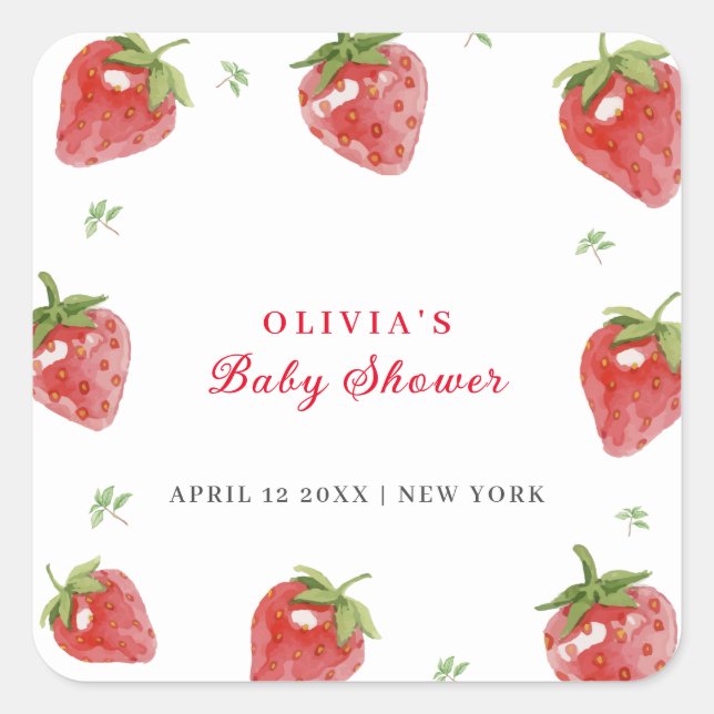 Minimalist Strawberry Sweet Girl Baby Shower Square Sticker (Front)