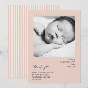Minimalist Stripe Baby Photo Blush Birth Arrival Thank You Card