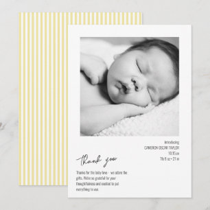Minimalist Stripe Baby Photo Yellow Birth Arrival Thank You Card