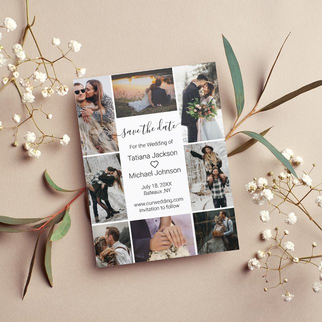 minimalist stylish 8 photos collage save the date  announcement postcard (Creator Uploaded)