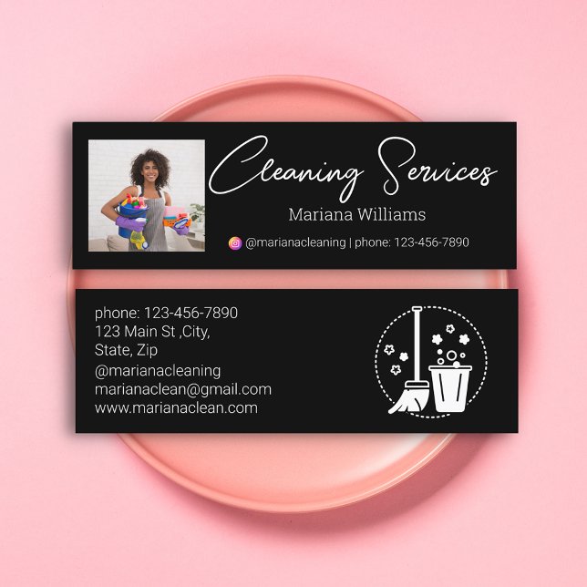minimalist stylish cleaning services photo black  mini business card (Creator Uploaded)
