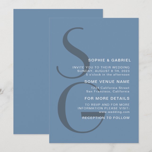 Minimalist stylish. Dusty blue monogram Wedding Invitation (Front/Back)