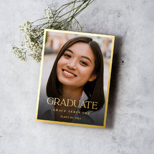 Minimalist Stylish Gold Photo Graduation Party Foil Invitation Postcard