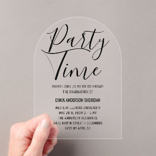 Minimalist Stylish Script Black & White Grad Party Acrylic Invitations