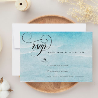 Minimalist Summer Blue Ocean Beach Wedding RSVP Card