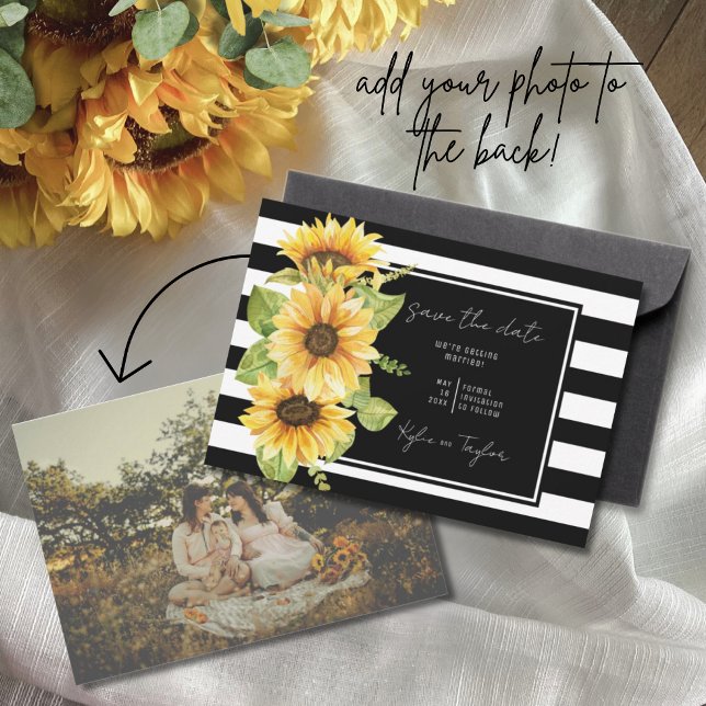 Minimalist Sunflower Black Stripe Wedding Photo Save The Date (Creator Uploaded)