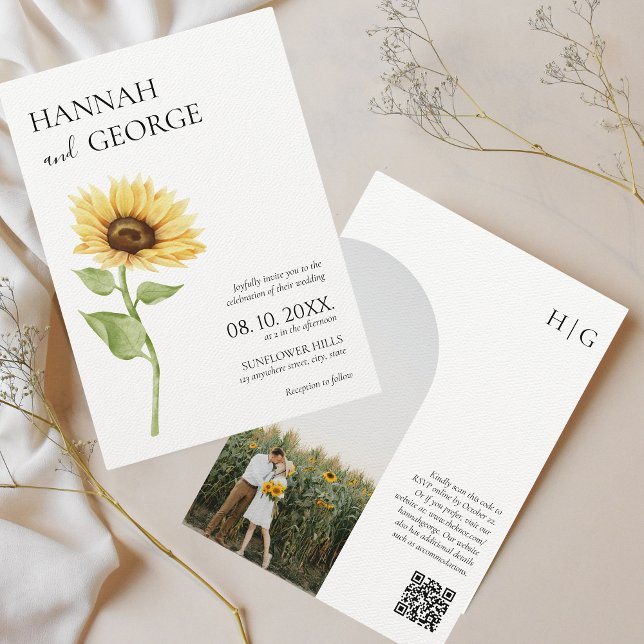 Minimalist Sunflower Photo Arch QR code Wedding  Invitation (Sunflower wedding invitation photo qr code arch)