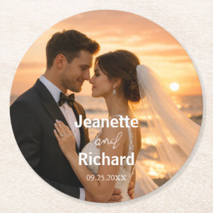 Minimalist Sunset Beach Romantic Wedding Vows  Round Paper Coaster