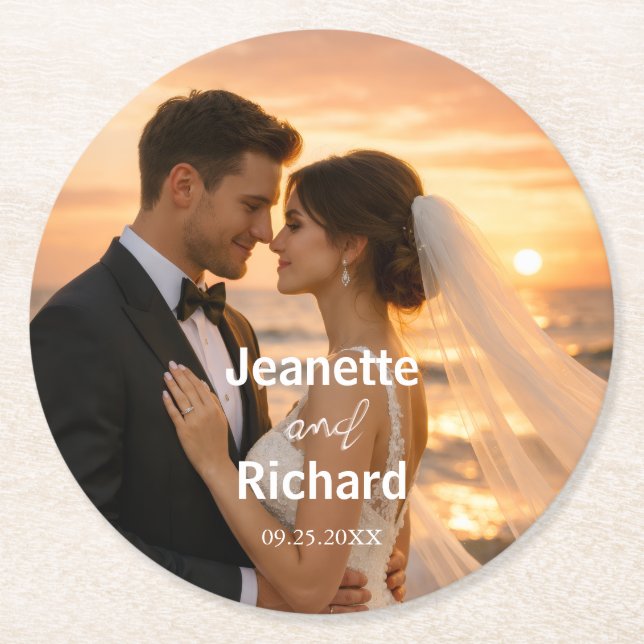Minimalist Sunset Beach Romantic Wedding Vows  Round Paper Coaster (Front)