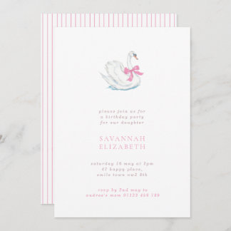 Minimalist Swan and Pink Bow Girls Birthday Party Invitation