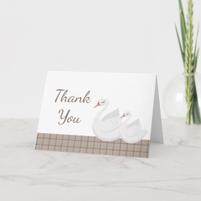 Minimalist Swan Plaid Gingham Boy Baby Shower  Thank You Card (Front)