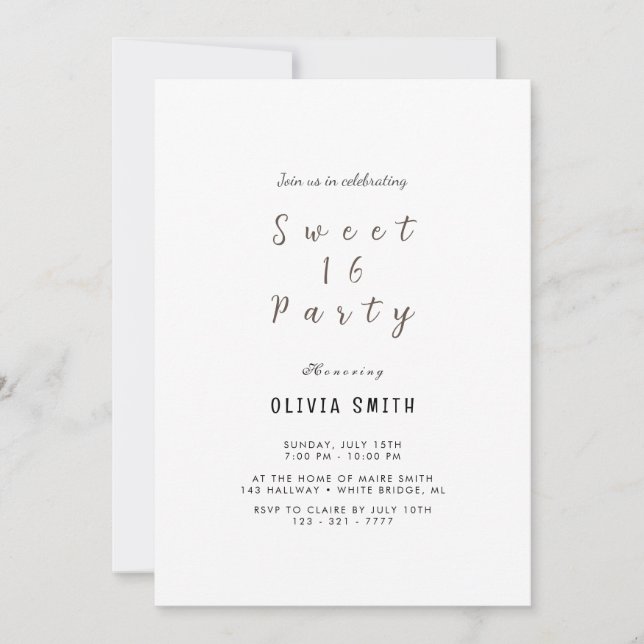 Minimalist Sweet 16 Birthday Invitation (Front)