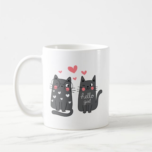 Minimalist Sweet Playful Two Grey Cat Pink Heart   Coffee Mug (Left)
