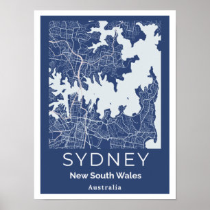 Minimalist Sydney Map   Modern Blue Grey Wall Art