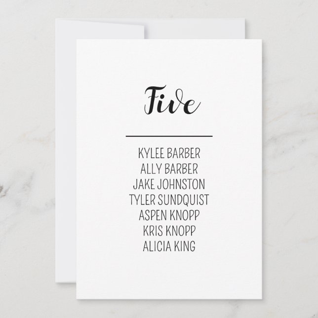 Minimalist Table Number 5 Seating Chart (Front)