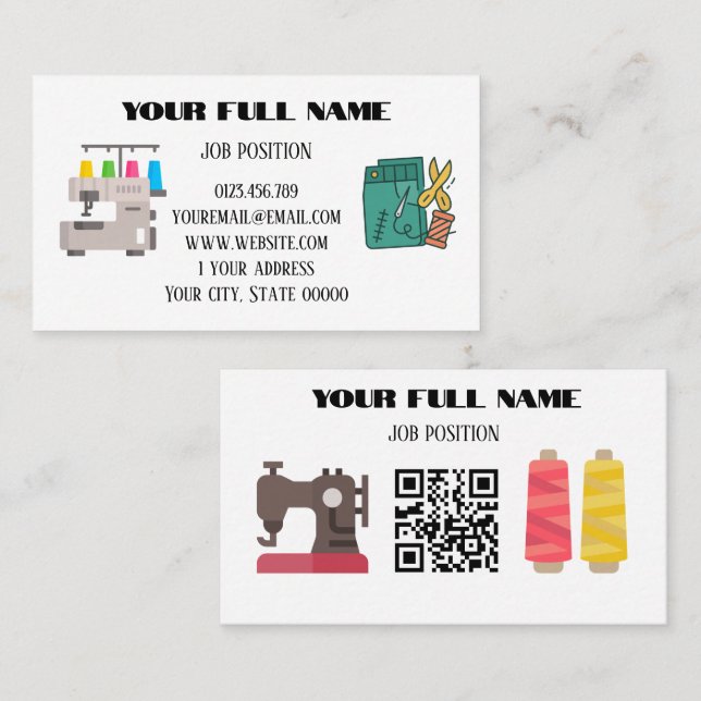 Minimalist Tailor QR Code Sewing Machine Business Card (Front/Back)
