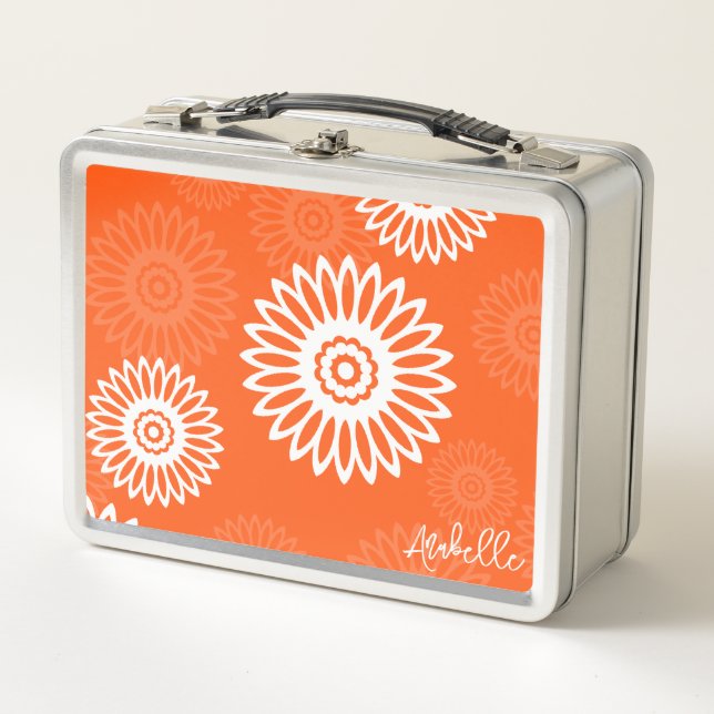 Minimalist tangerine orange daisy floral Name  Metal Lunch Box (Front)