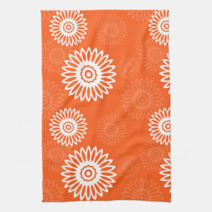 Minimalist tangerine orange daisy floral pattern tea towel