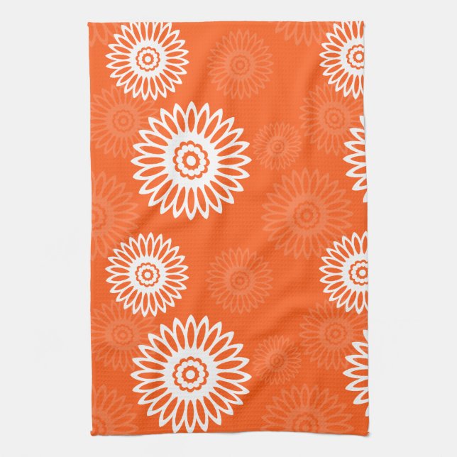Minimalist tangerine orange daisy floral pattern tea towel (Vertical)