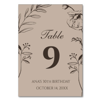 Minimalist Taupe and Espresso Floral 30th Birthday Table Number
