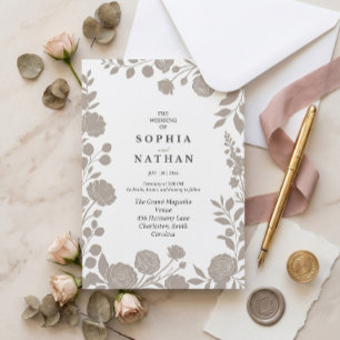 Minimalist Taupe Floral Elegant Neutral Champagne Invitation