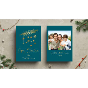 Minimalist Teal and Gold Photo Christmas Holiday Card