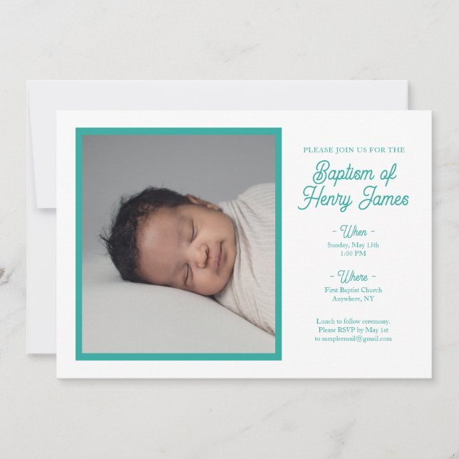 Minimalist Teal Baptism Invitation with Photo (Front)