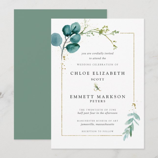 Minimalist Teal Blue Botanical Gold Wedding Invitation (Front/Back)