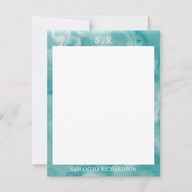 Minimalist Teal Blue Marble Border Monogram Card (Front)