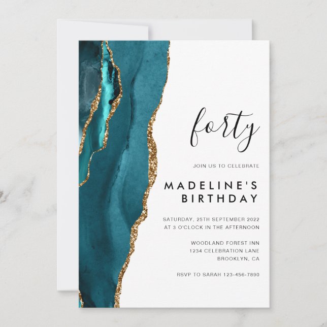 Minimalist Teal Gold Agate Geode 40th Birthday Invitation (Front)