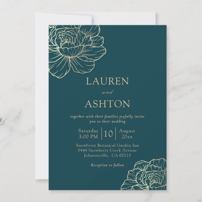 Minimalist Teal Gold Floral Wedding Invitation (Front)