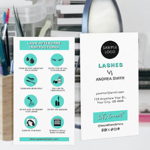 Minimalist Teal Lash Aftercare Instructions   Logo Business Card
