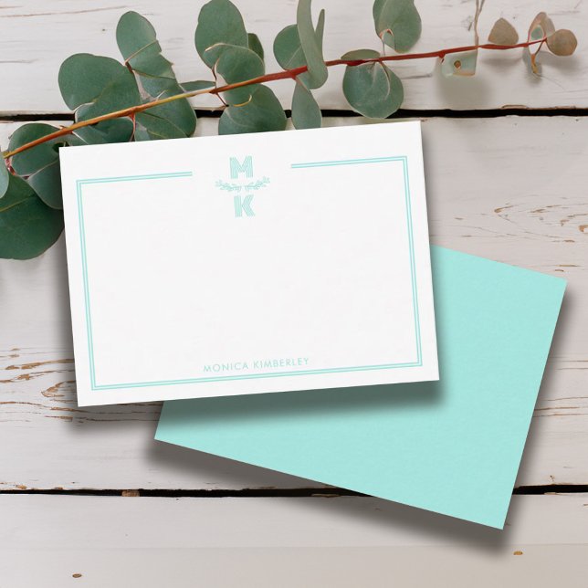 Minimalist Teal Two Border Monogram Note Card (Minimalist Teal Two Border Monogram Note Card)
