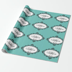 Minimalist Teal Vintage Damask Monogram Wrapping Paper