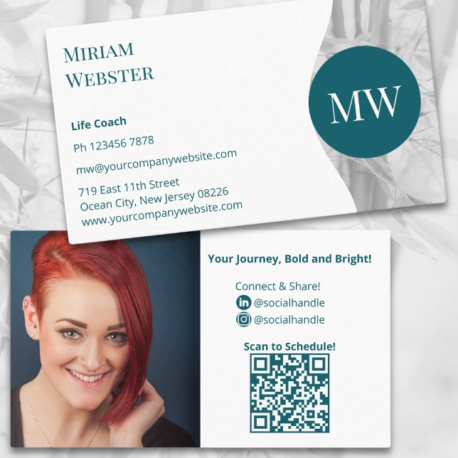 Minimalist Teal White Life Coach Personal Business Card (Minimalist Teal White Life Coach Personal Business Card, Landscape Format, Initials, Photo, Social)