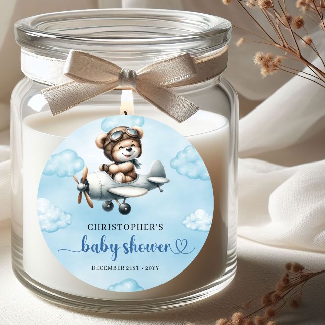 Minimalist Teddy Bear Pilot Airplane Blue Brown  Classic Round Sticker (Minimalist Teddy Bear Pilot Airplane Blue Brown Baby Shower Sticker

)