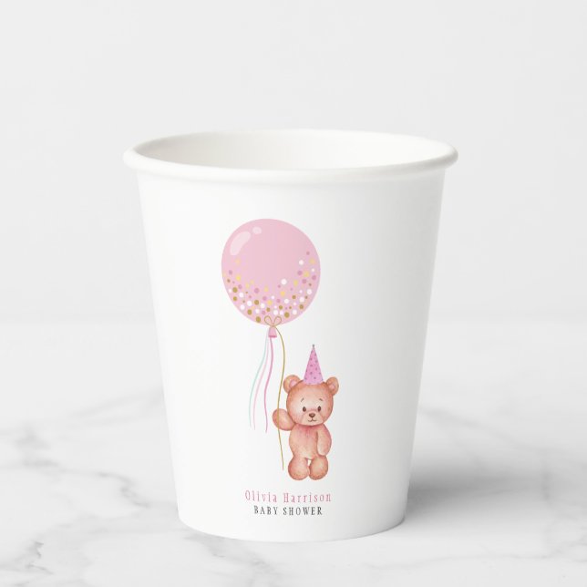 Minimalist Teddy Bear Pink Balloon Baby Shower Paper Cups (Front)