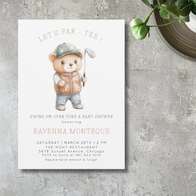 Minimalist Teddy Golf Lets Par-Tee Baby Shower  Invitation (Creator Uploaded)