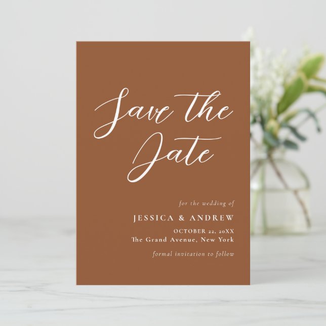 Minimalist Terra Cotta & White Simple Wedding Save The Date (Standing Front)