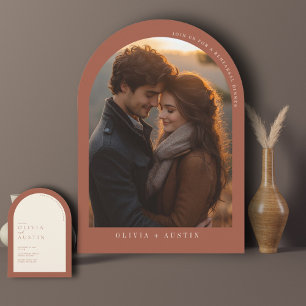 Minimalist Terracotta Arch Photo Rehearsal Dinner Invitation