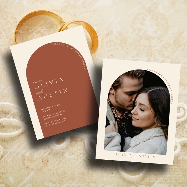 Minimalist Terracotta Arch Photo Rehearsal Dinner Invitation (Creator Uploaded)