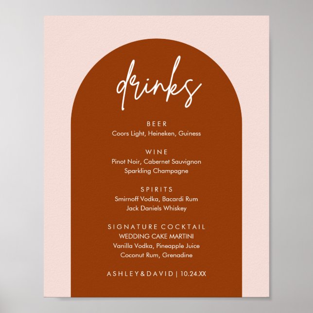 Minimalist Terracotta Arch Wedding Drinks Bar Menu Poster (Front)