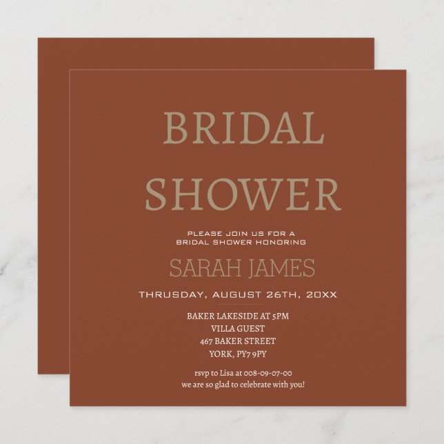 Minimalist Terracotta Bridal Shower Custom Square  Invitation (Front/Back)
