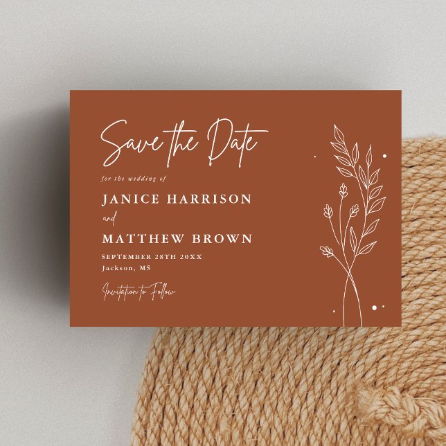 Minimalist Terracotta Burnt Orange Boho Wedding Save The Date (Minimalist terracotta boho save the date sets the mood with warm charm and a personal touch)