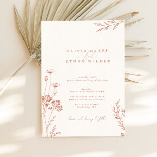 Minimalist Terracotta Burnt Orange Floral Wedding Invitation