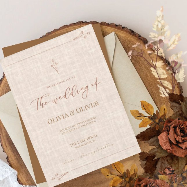 Minimalist terracotta faux linen wedding  invitation (Creator Uploaded)