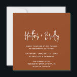 Minimalist Terracotta Modern Wedding Invitation<br><div class="desc">Modern square boho wedding invitation featuring a simple design with your names in an elegant script typography and your event details in a minimalist sans serif font. All design elements are in white over a terracotta / copper background. This chic wedding invitation works well for a fall / autumn wedding....</div>